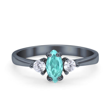 Three Stone Wedding Ring Black Tone, Simulated Paraiba Tourmaline CZ 925 Sterling Silver
